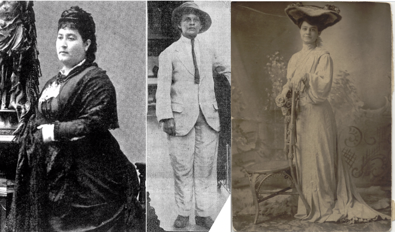 3 historic photo graphs in black and white, from left to right: woman in 19th century dress standing; woman wearing a pant suit and tie standing; woman in a dress and hand, standing by a chair. 